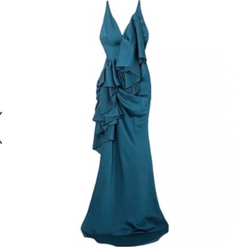 NWT $985 Solace London Lorne Maxi Ruffle  crepe long dress Blue Green 4
